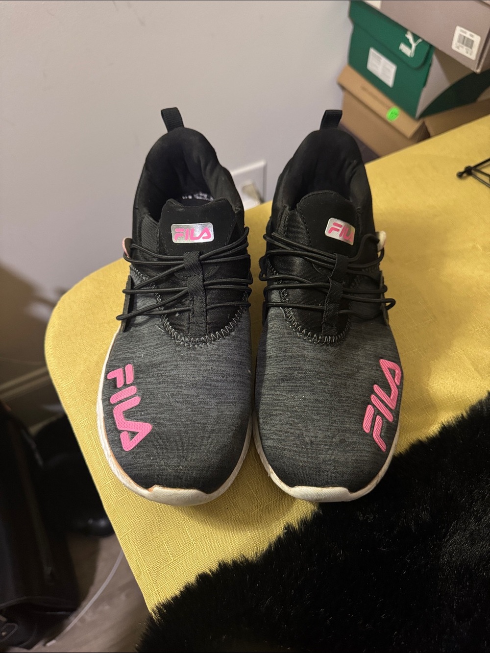 Fila Black and Pink Logo Knit Slip-On Sneakers